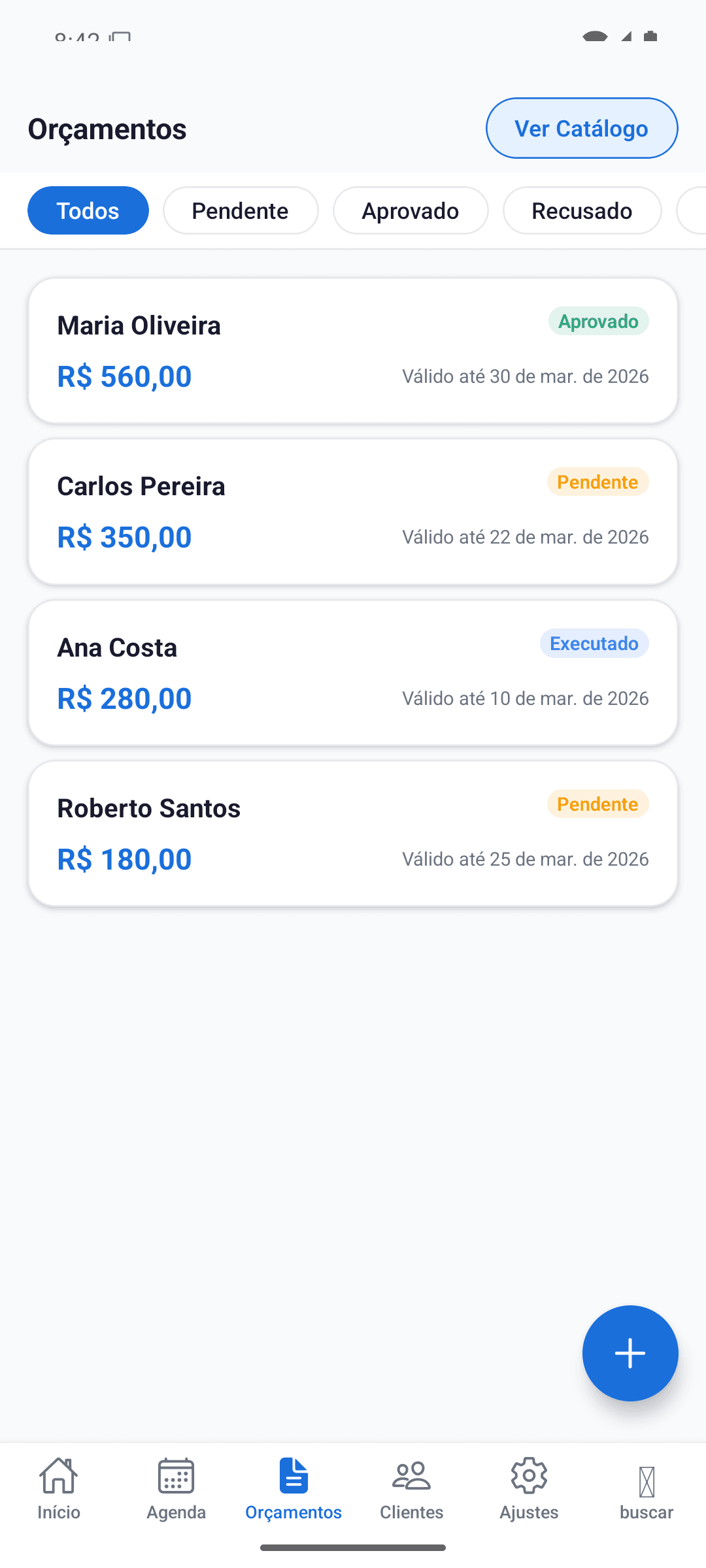 Tela de criação de orçamentos do OfícioApp