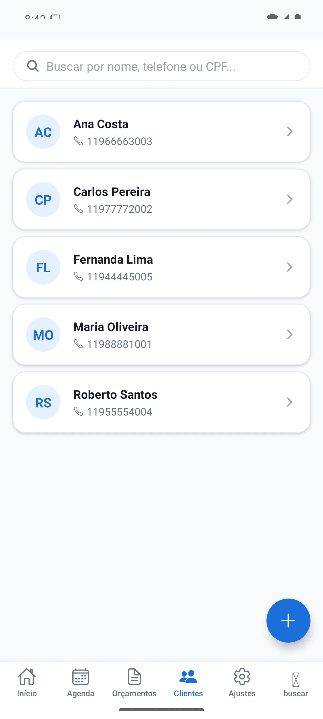 Tela de cadastro de clientes do OfícioApp
